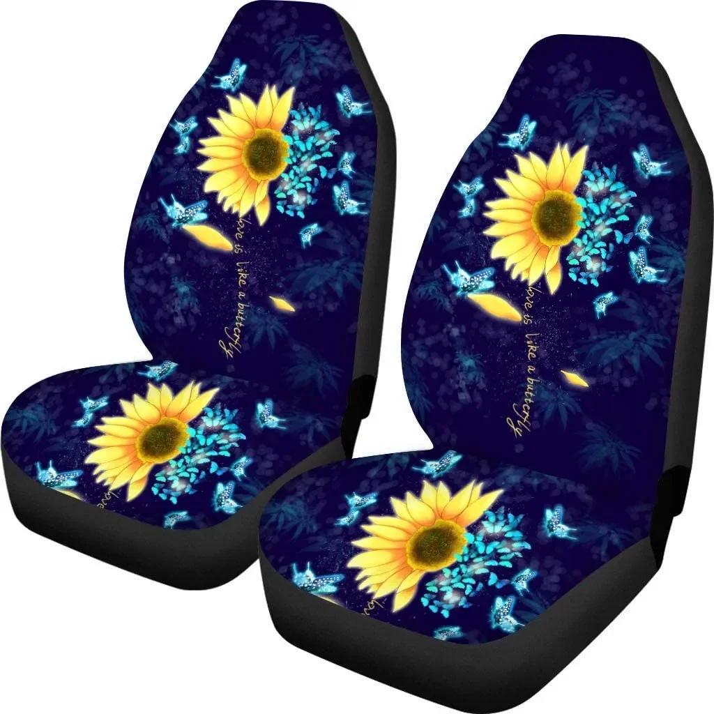 2 PCS Auto Seat Cover Sunflowers with Butterfly Printed Ultra Soft High Back Comfort Bucket Car Front Seat Covers Universal Blue