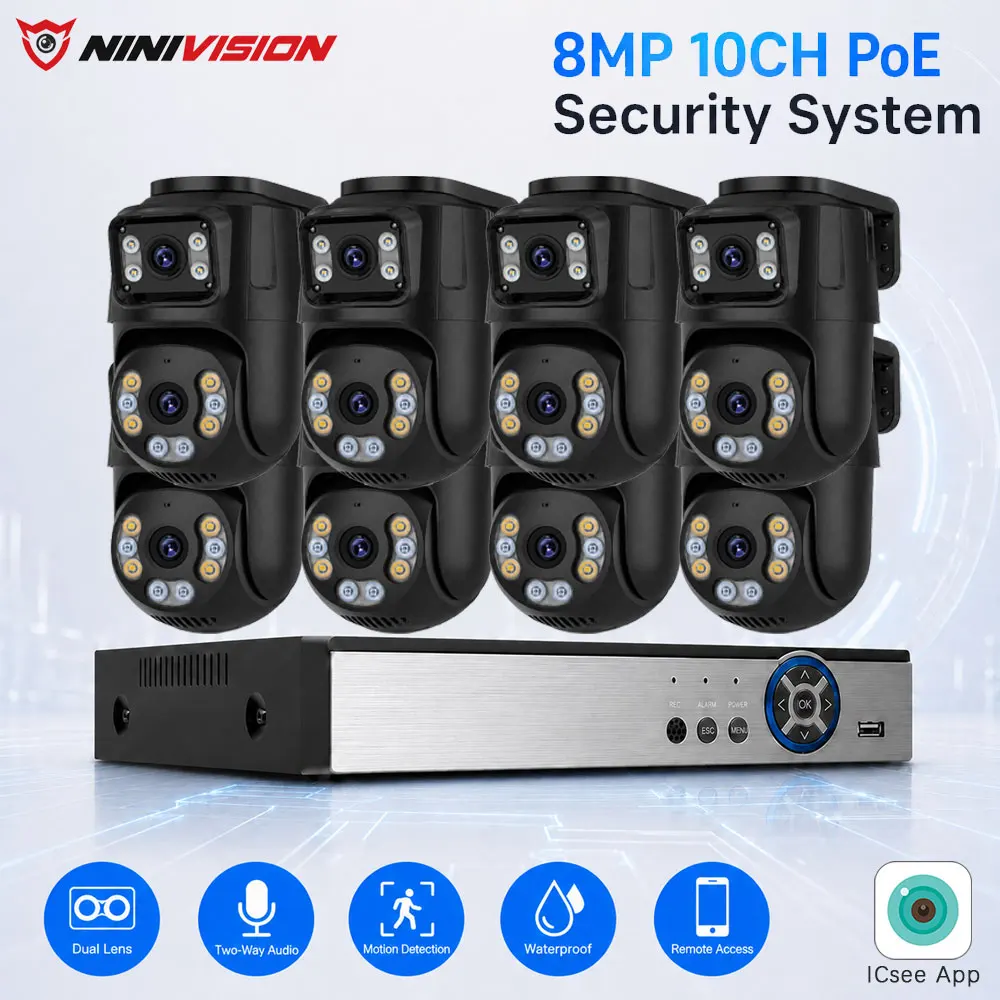 8MP 4K 10CH POE Security IP Camera System Dual Lens PTZ Camera Two Way Audio Motion Detection Waterproof Remote Access NVR Kit