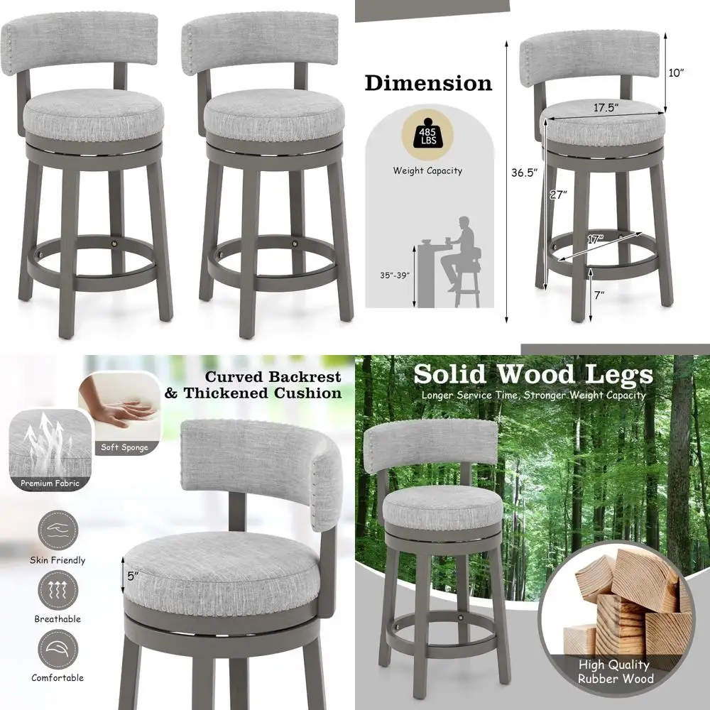 2er-Set, drehbare Barhocker aus 27 Zoll mit gepolsterter Rückenlehne und Sitzfläche, Beine und Fußstütze aus Massivholz, Bauernhaus-Stil