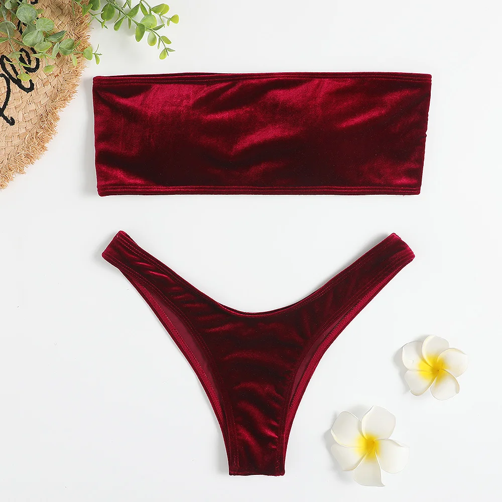 Velvet Bikinis 2025 Women Brazilian Bandeau Swimsuit Solid Sexy Swimwear Female Beachwear Bathers Bathing Swimming Swim Suit