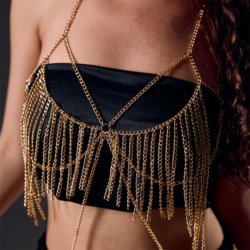 Damen Gold-Ketten-Halter-Bodychain-Kleid mit Fransen und Quasten, 2-teiliges Set, Party-Club-Rave-Outfit, Einheitsgröße, Dropshipping – Detail 1
