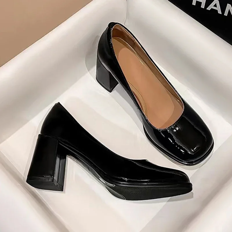 Patent Leather Women Pumps Shoes 2023 Elegan Office Black High Heels Shoes Woman Shallow Mouth Square Toe Pumps Female Heels