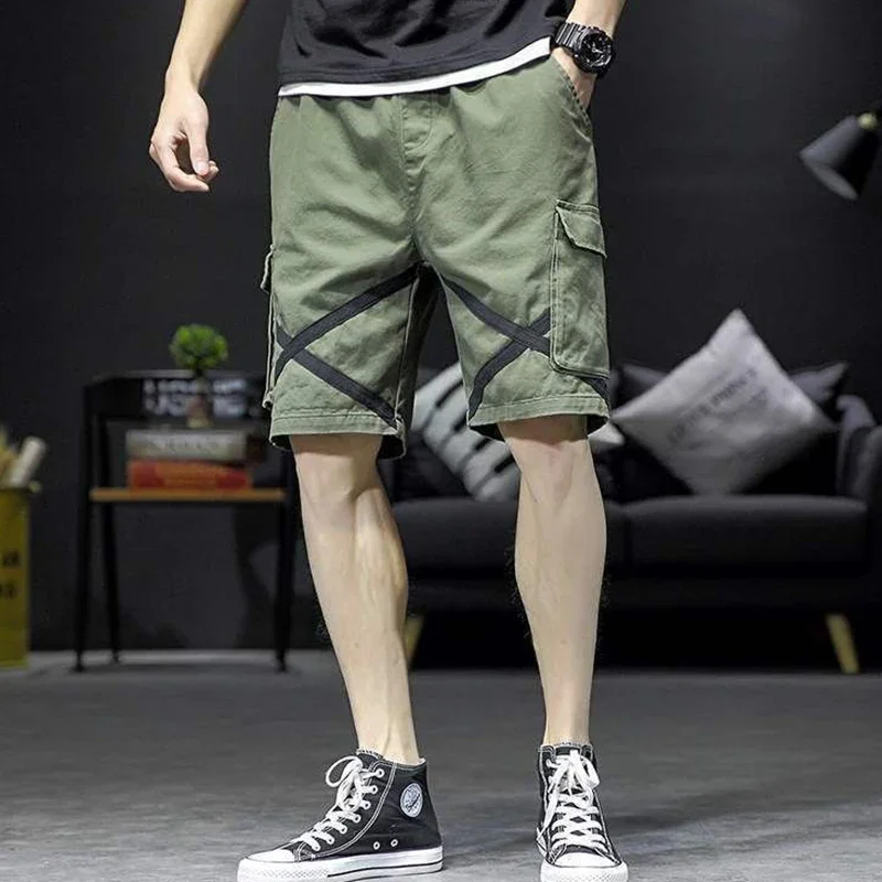 LIBIELIY Fashion Loose Elastic Waist Spliced Pockets Bandage Cargo Shorts Men's 2024 Summer New Oversized All-match Casual Short