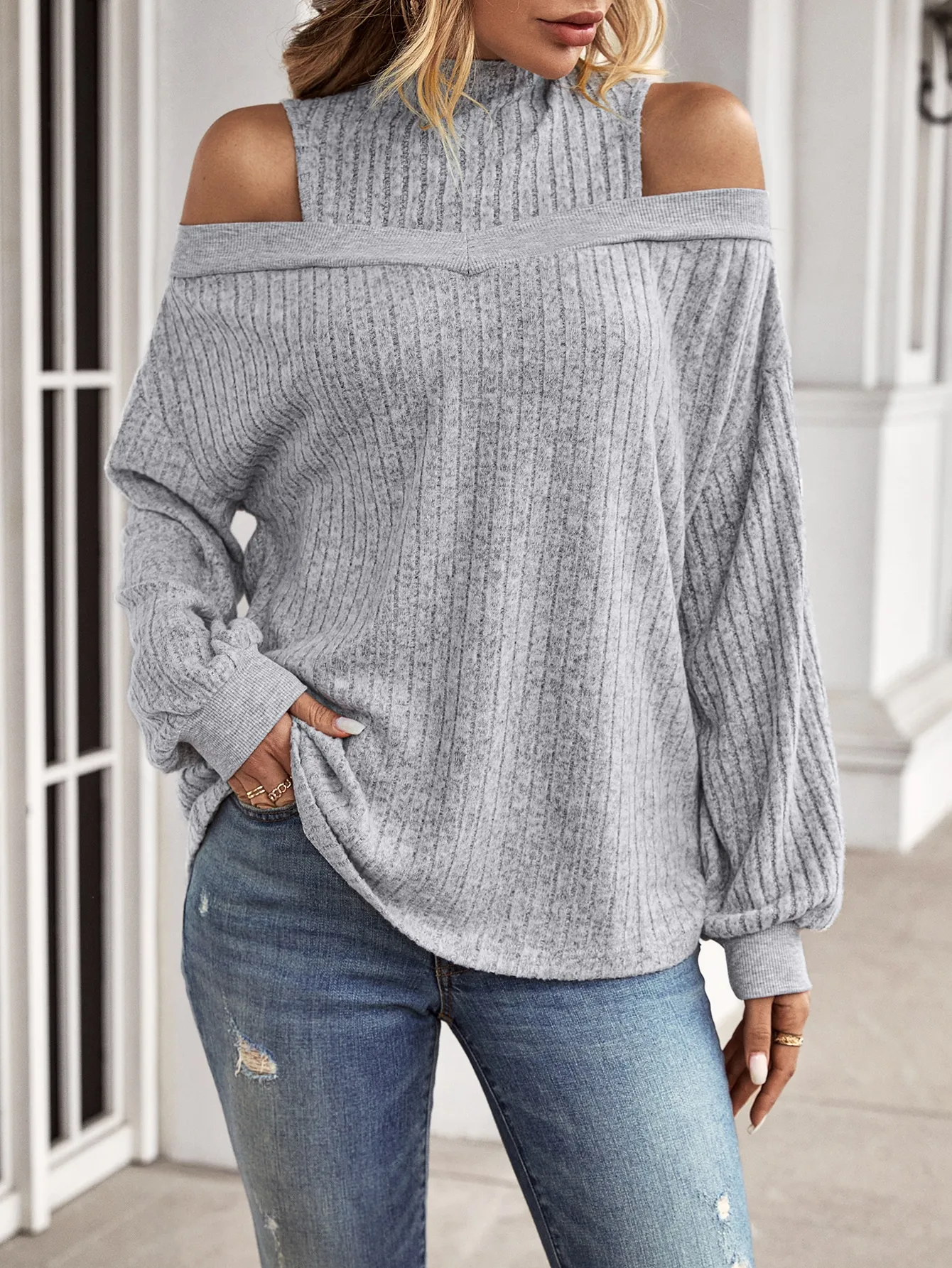 Autumn and winter new off-shoulder half turtleneck European and American sweater women loose big version of knitwear woman