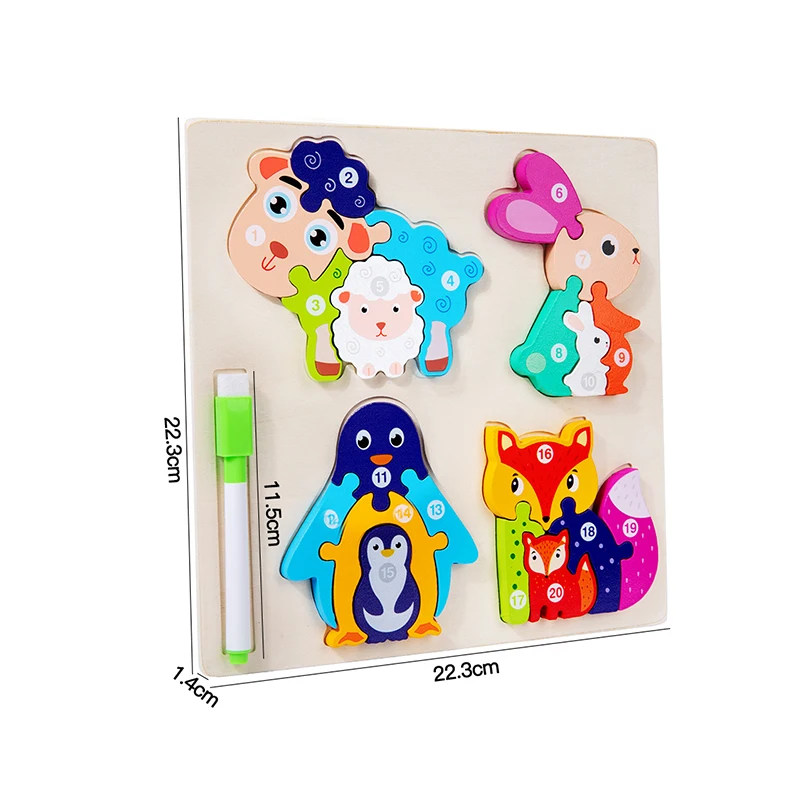 Wooden Animal Parent-Child Drawing Board 3D Puzzles Double-Sided Digital Puzzles Children\'s Cartoon Early Education Toys Gifts