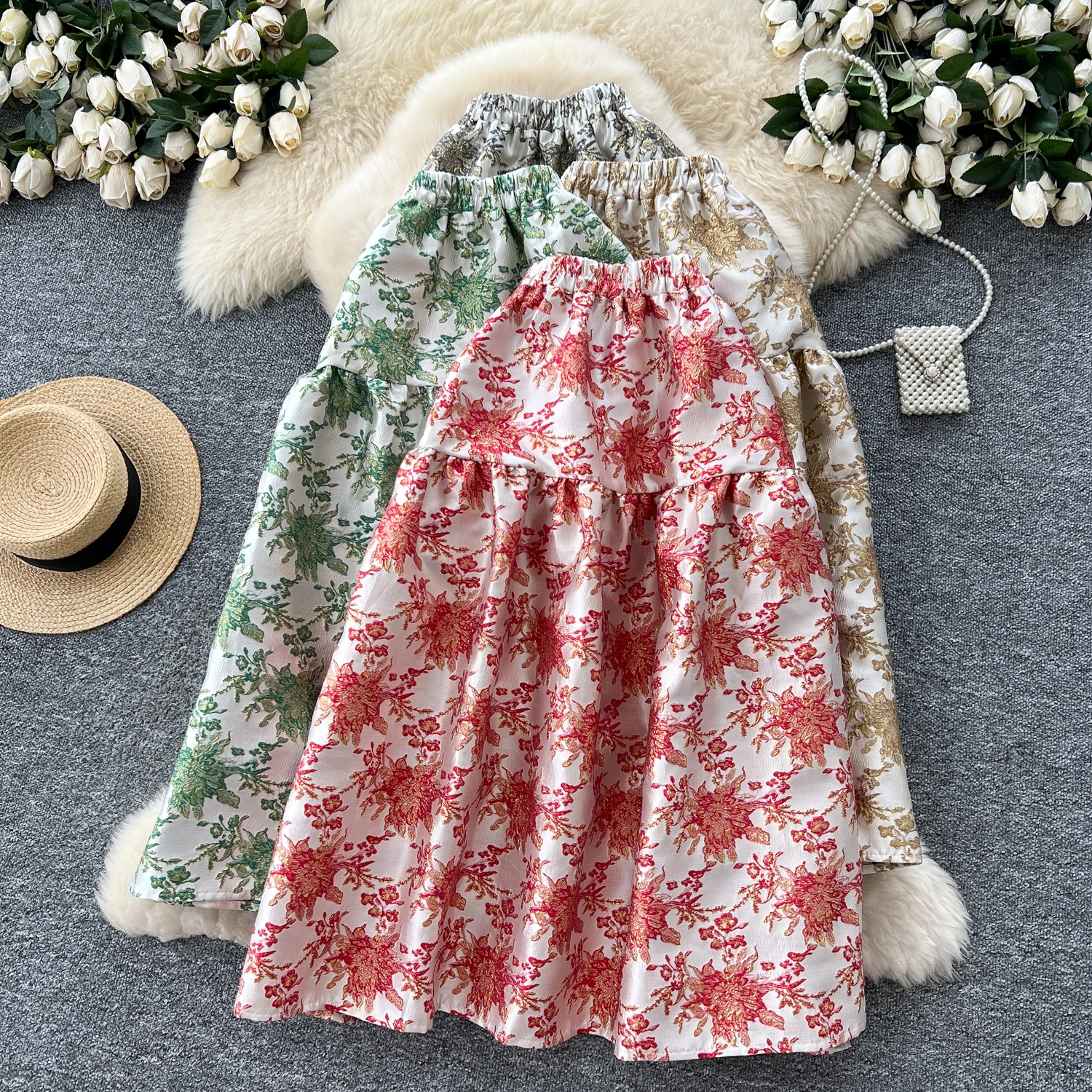 

Elegant Heavy Jacquard Midi Skirt Women French Vintage High Waist Flared A-Line Skirt