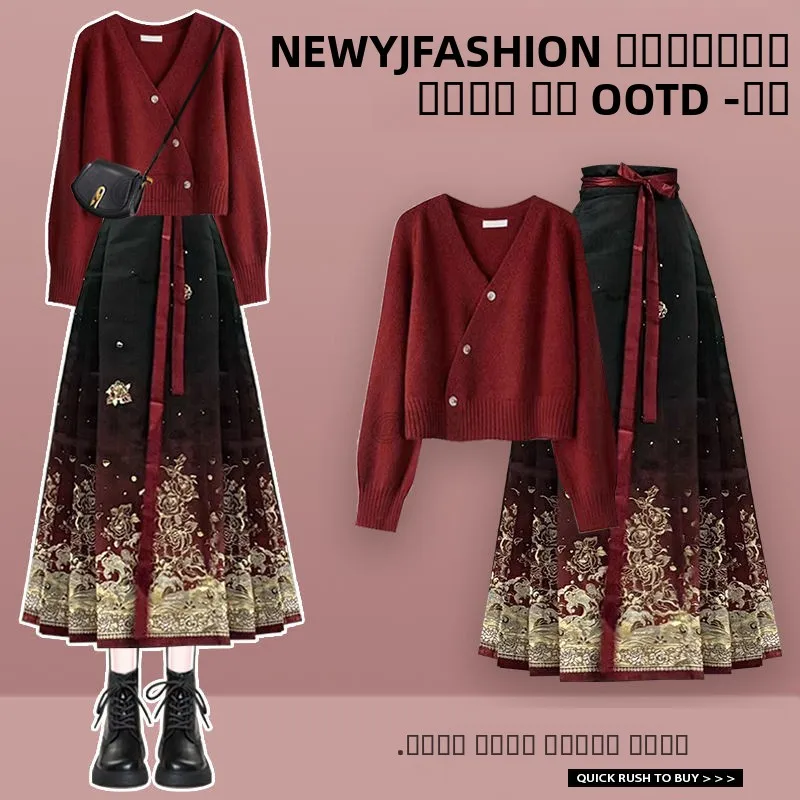 

Soft Knitted Sweater Women's Sle 2025 New Winter Design Printed Hanfu Skirt Set Gentle Wind Ele Chinese New Faion