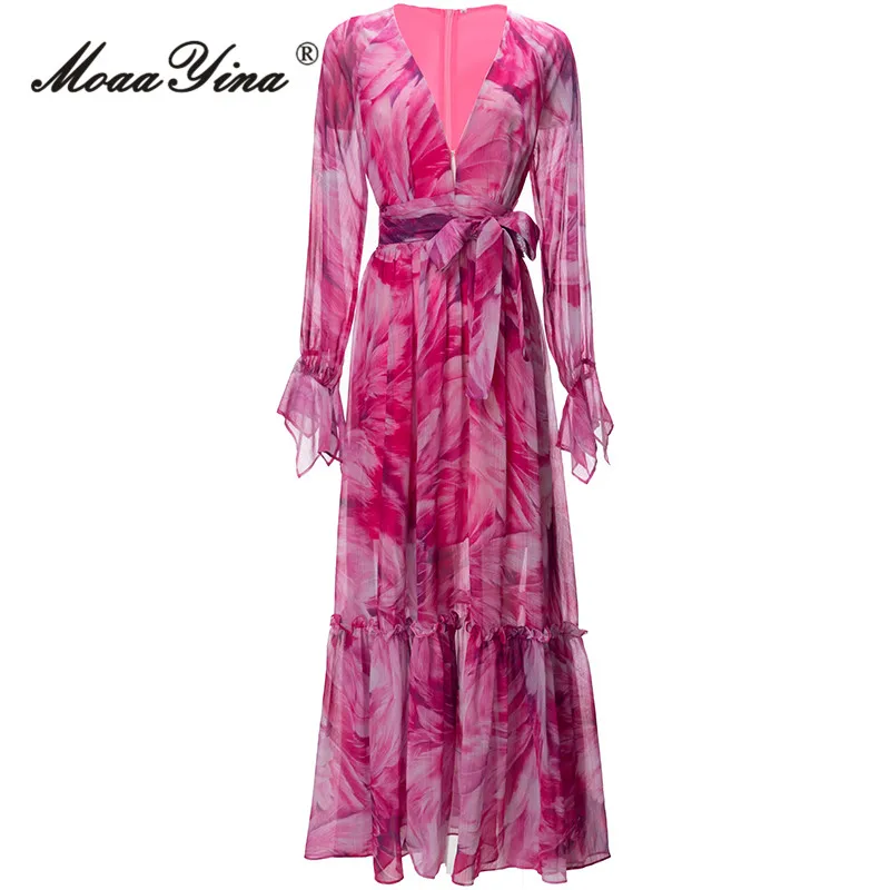 

MoaaYina Autumn Fashion Designer Vintage Floral Print Dress Women V Neck Long Sleeve Ruffles Frenulum High Waist Slim Long Dress
