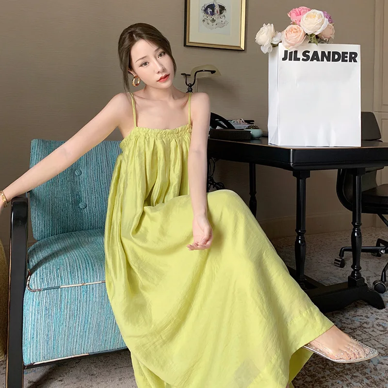 2025 Avocado Green Vacation Style Pleated Flat Mouth Double Thin Suspender Loose Fit Dress for Beach Vacation Long Skirt