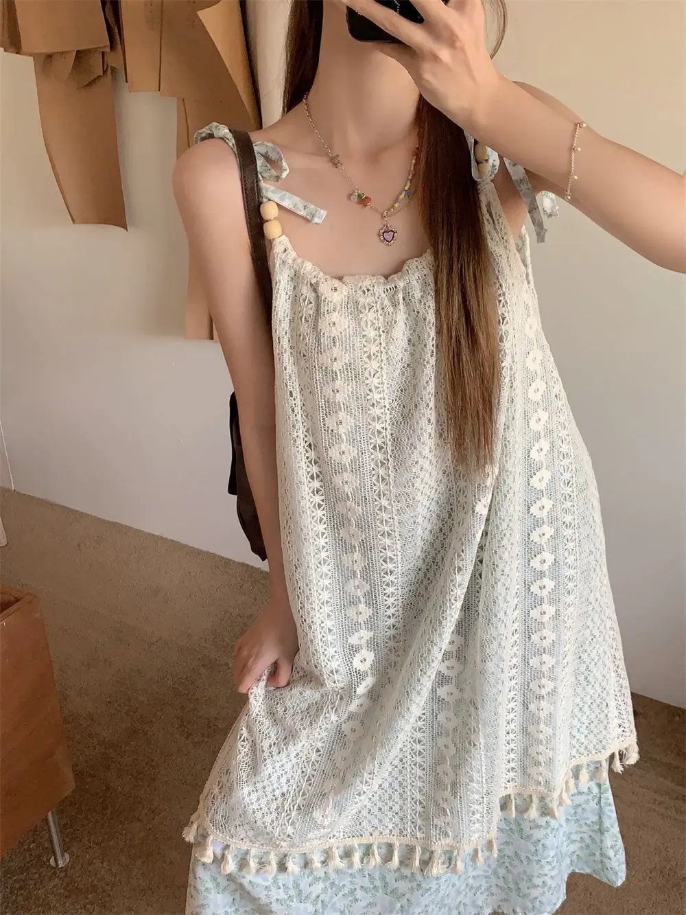 

Beach Vacation Dress Beige Floral Print Sleeveless Tassel Tie High Waist Maxi Dress Flowy Summer Casual Women Wear Y2K Vintage