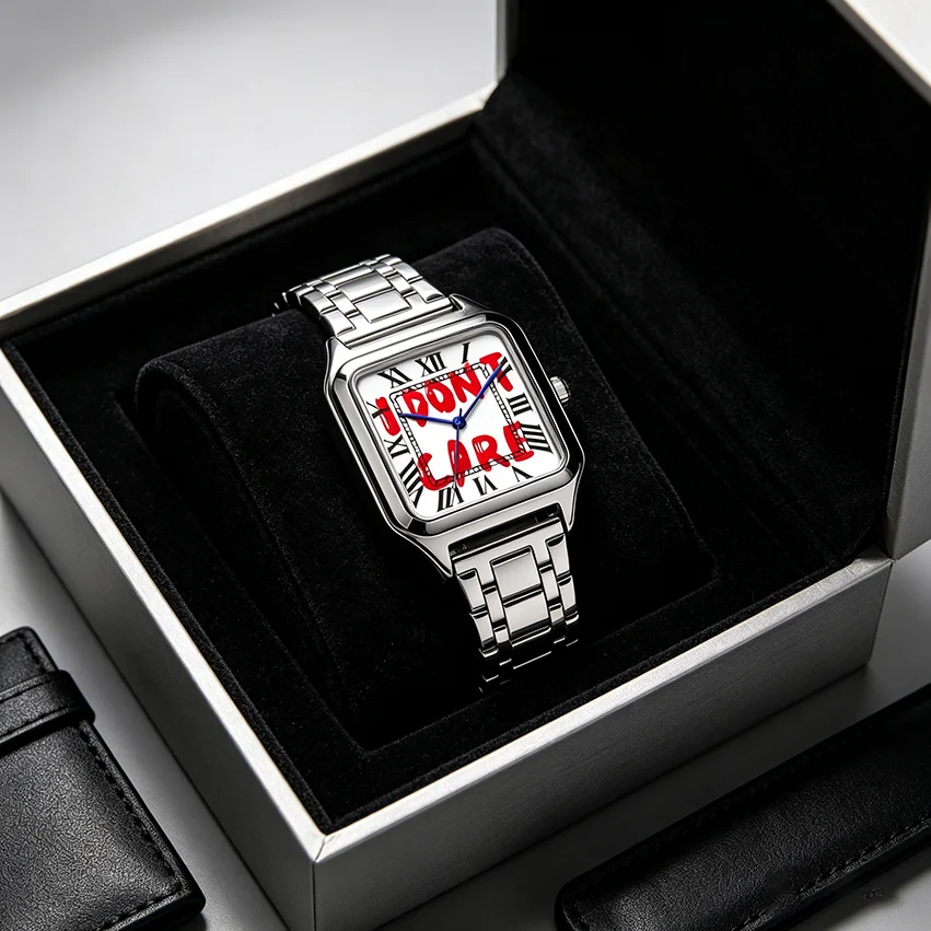 Ladies' Men Square Luxury Watch, Slogan Text on the Large Dial, 30-Meter Water Resistance, Elegant Design, Stainless Steel Strap