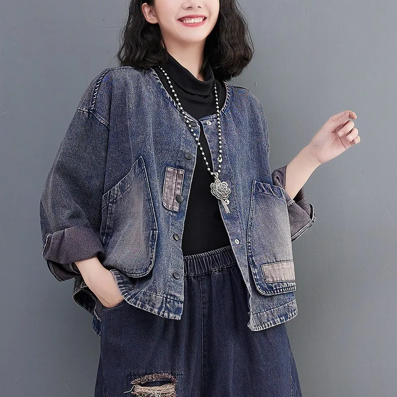 Spring Autumn Arts Style Women Long Sleeve Loose Single Breasted Cotton Denim Jackets Big Pocket Vintage Blue Short Coat C611