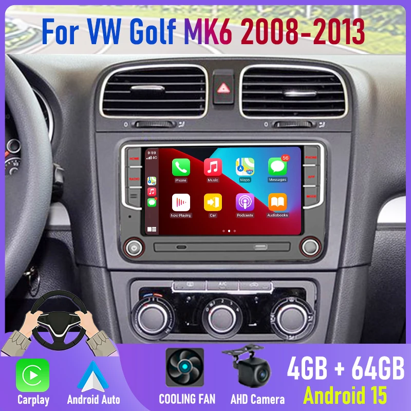 

7'' For VW Golf MK6 2008-2013 Car Radio 2DIN Android 15 GPS Navi Apple Wireless Carplay Bluetooth FM Stereo Camera Head Unit