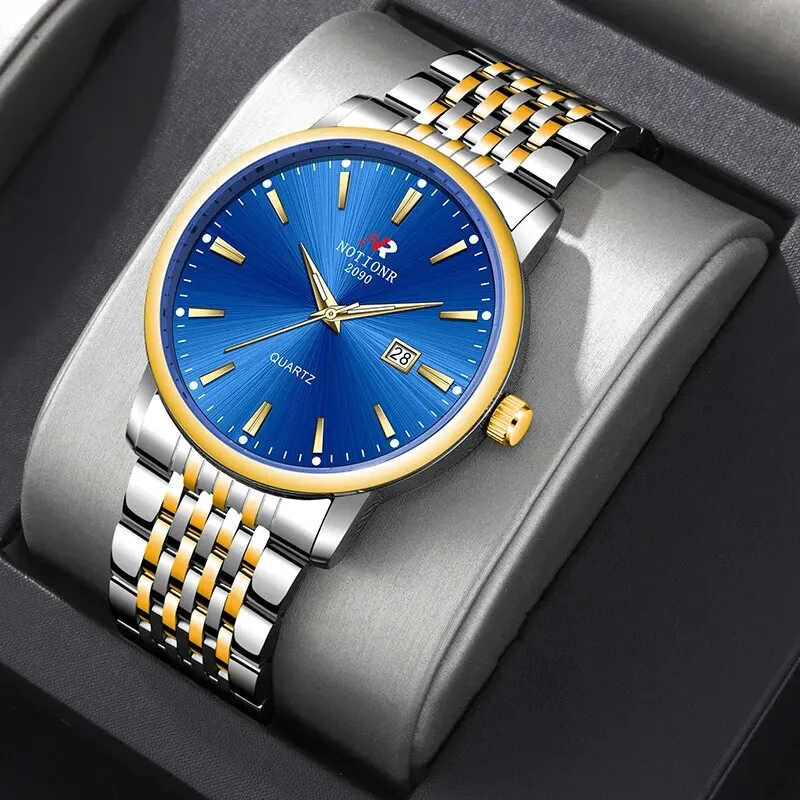 NOTIONR Fashion Men Silver Blue Watches Stainless Steel Waterproof Quartz Wristwatch Men Luxury Casual Sports Luminous Watches