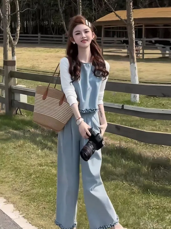 

Korean Sle Casual Faion Tee-Piece Set Spring 2026 Slimming Vest Top Wide Leg Pants Women's Ensemble Ele Trendy