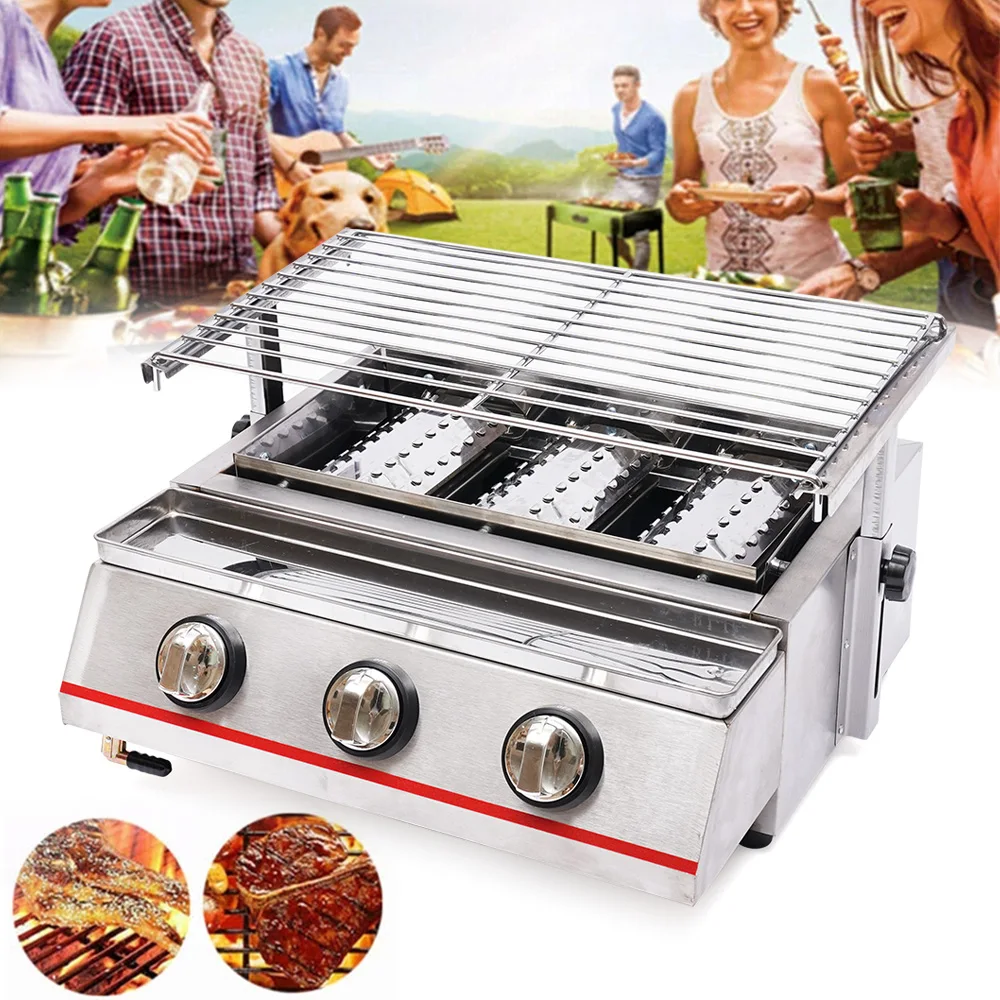 

Smokeless Portable LPG Gas Grill 3-Burner Tabletop Griddle Outdoor BBQ Camping