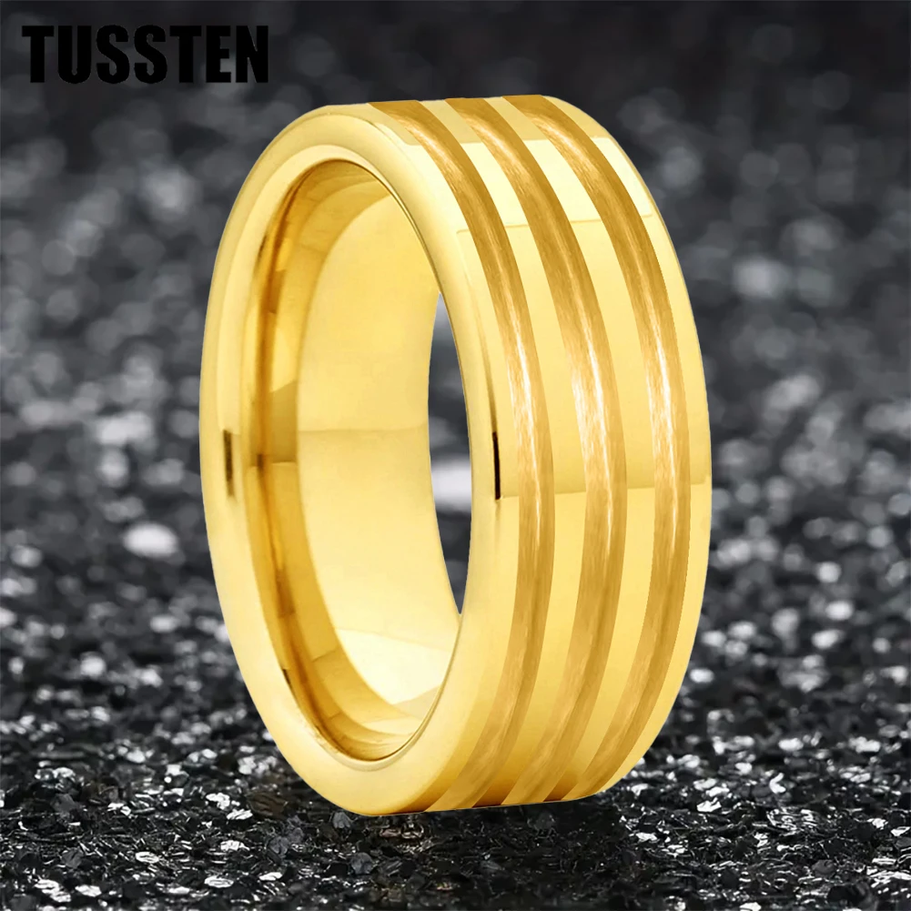 Dropshipping TUSSTEN 8MM Gold Tungsten Blank Ring for Customized Inlay with 1.1mm Treble Grooves Plane Comfort Fit