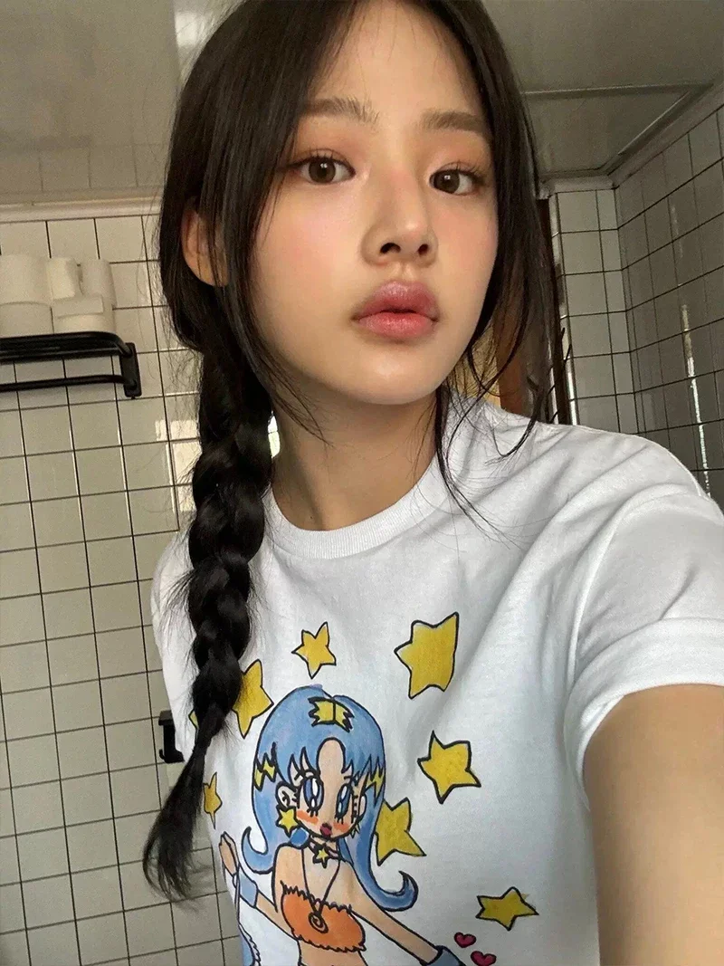 NewJeans Minji Summer Casual  Short Sleeve T Shirt Women's  Round Neck Tops Comfortable Breathable Casual Wear Tee