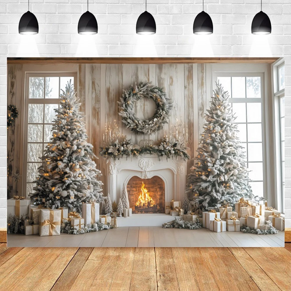 شجرة عيد الميلاد حفلة خلفية الموقد نافذة الشتاء جورب الهدايا الأسرة صورة التصوير خلفية ديكور لاستوديو الصور