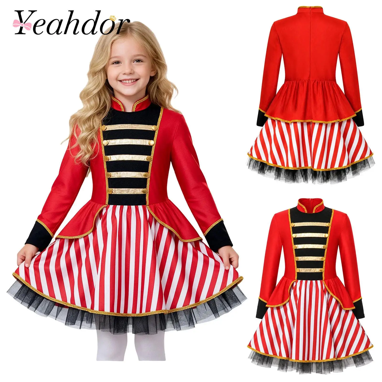 Majorette Fancy Dress Kids Girls Circus Ringmaster Costume Striped Holiday Dress for Halloween Carnival Role-playing Theme Party