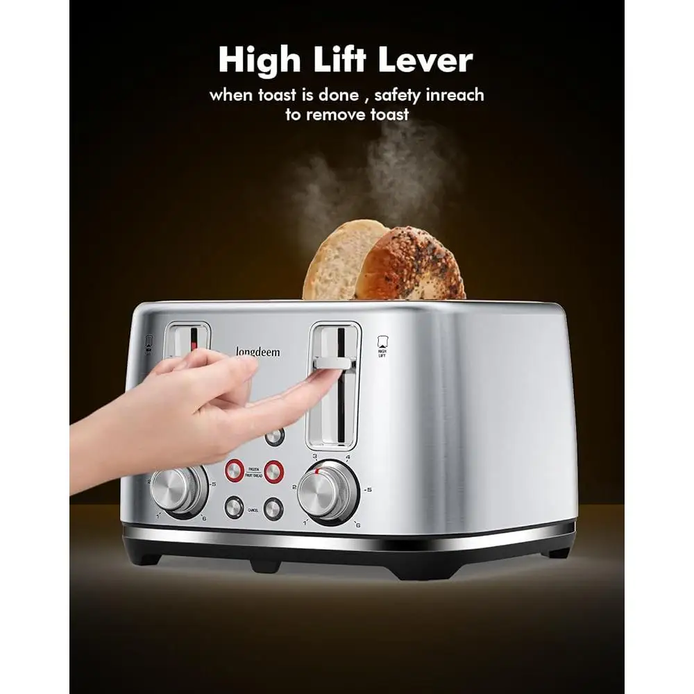 Retro 4 Slice Toaster Wide Slots Removable Crumb Tray 6 Browning Options Auto Shut Off Frozen Function Kitchen Essential