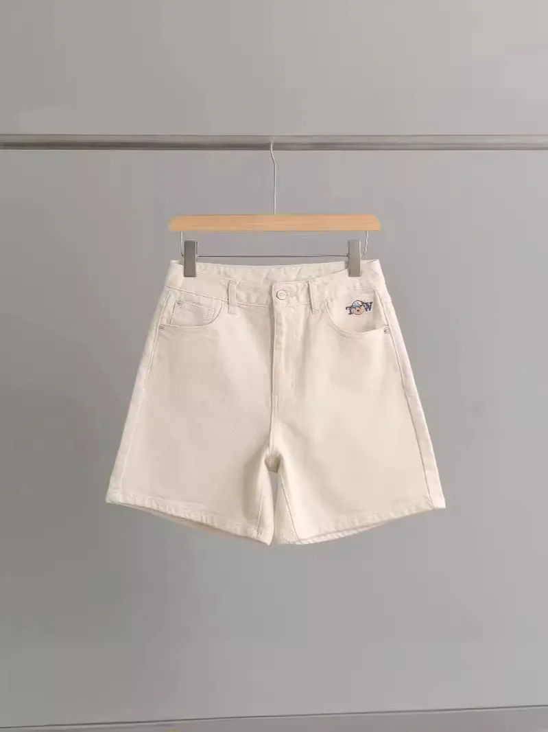 Cruise 2025 Celana Pendek Jeans Cuci Retro Longgar Kasual Universitas Wanita Baru Jeans Pinggang Tinggi Celana Pendek Denim Longgar Bordir Kartun