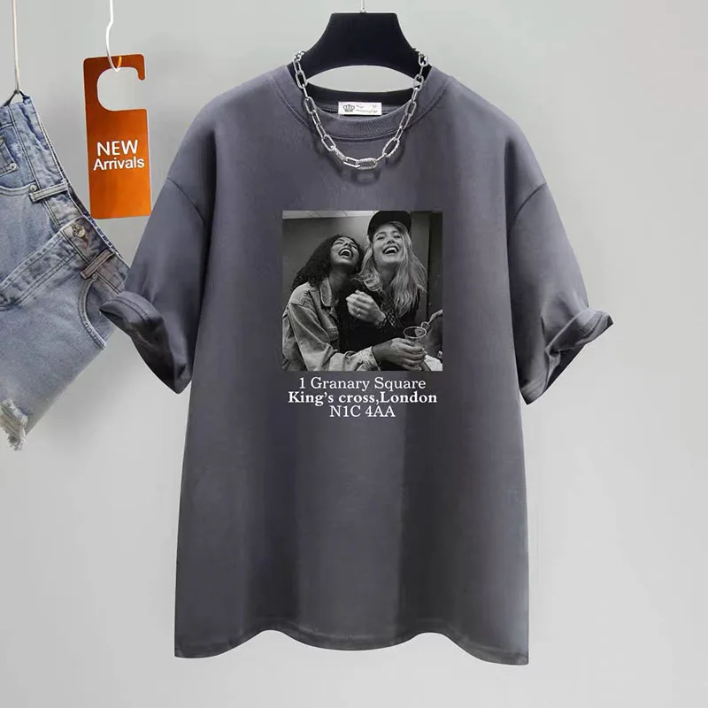 Women\'s Clothing Vintage Fashion Europe and America Loose T-shirt Summer Casual Pure Cotton Short Sleeve Pullover Chic Print Top