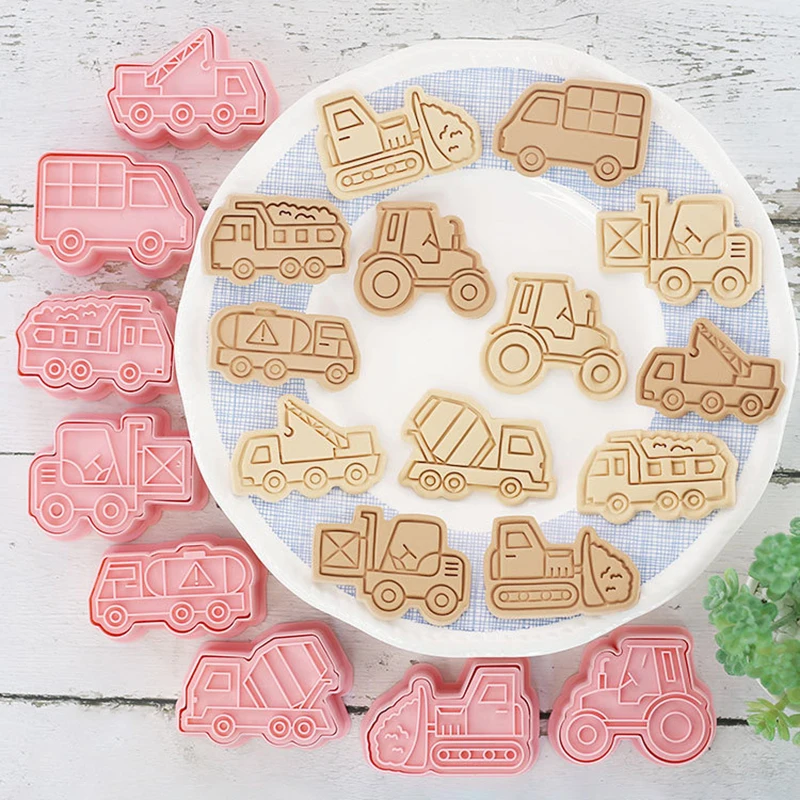 8 Pcs/set Engineering Truck Cookie Cutters Plastic 3D Cartoon Pressable Biscuit Mold Cookie Stamp Baking Pastry Bakeware Kitchen