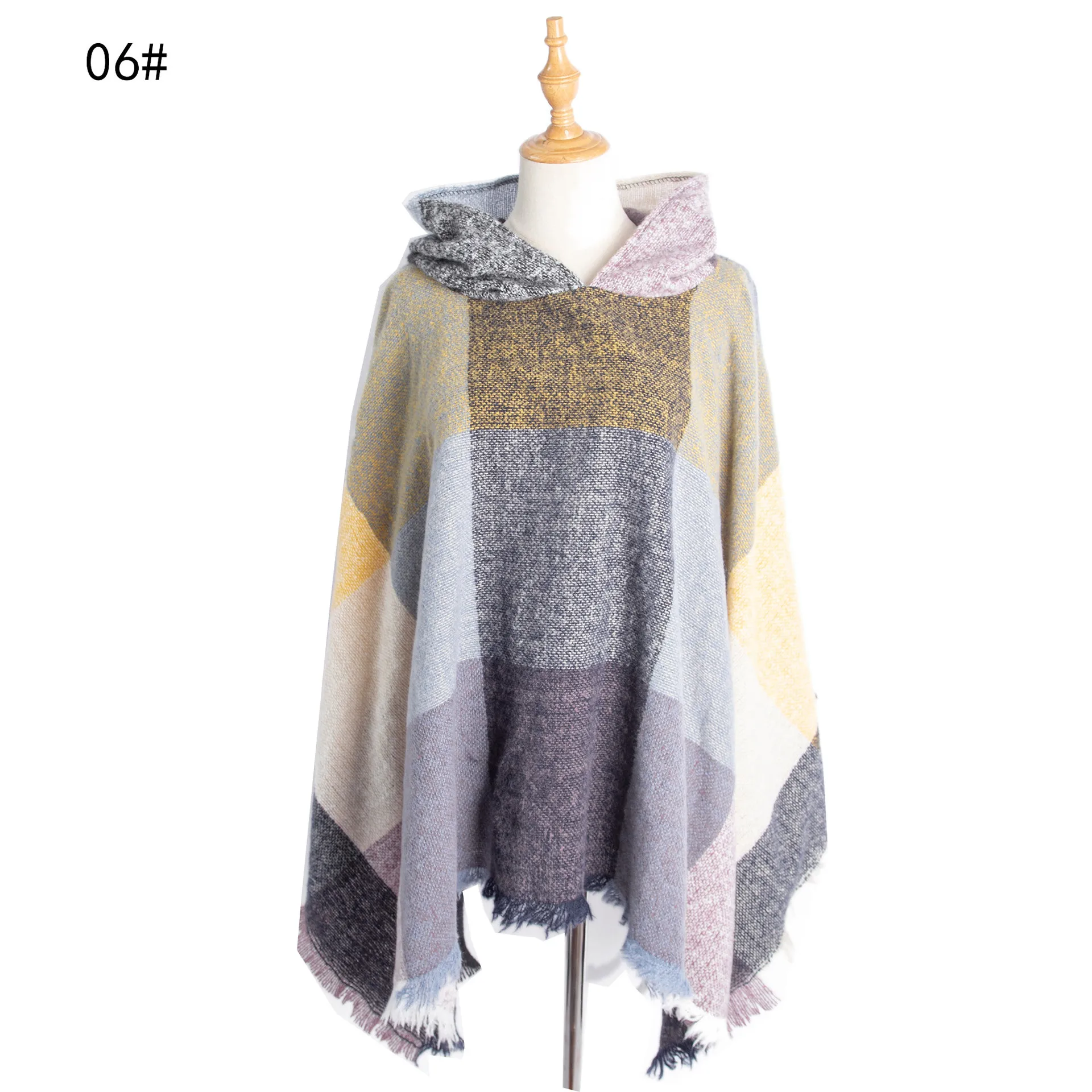 

Europe America 2022 Spring Autumn New Large Lattice Women's Pullover Cape Hooded Cape Keep Warm Windproof Coat Ponchos P2