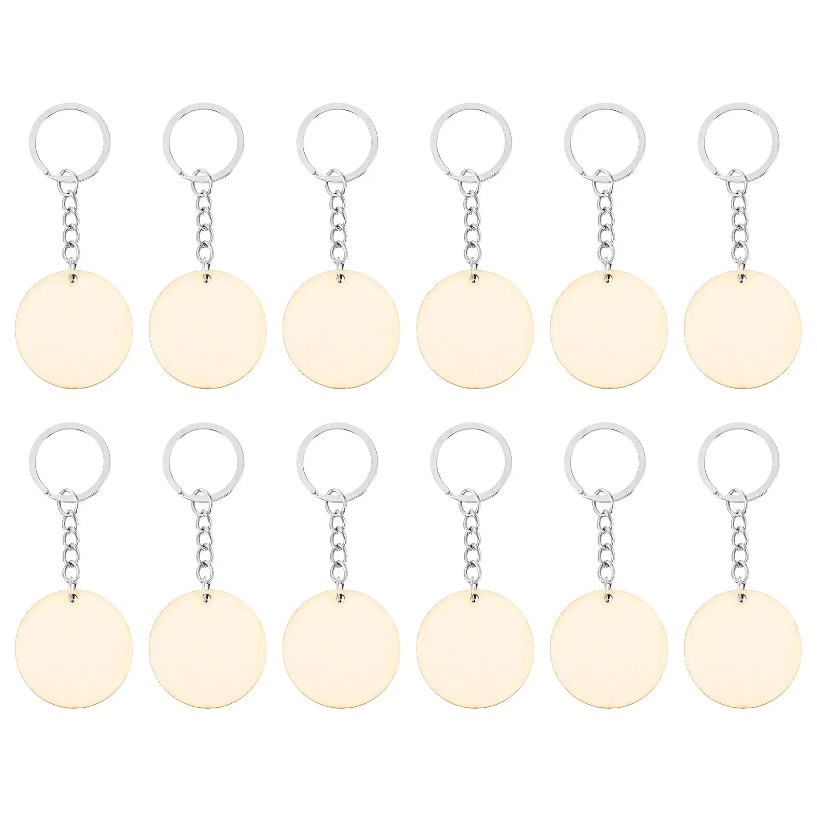 50 Pcs Wooden Keychain Hand Drawing Circle Slice Chips Blank DIY Ring with Hanging Pendant Round Set