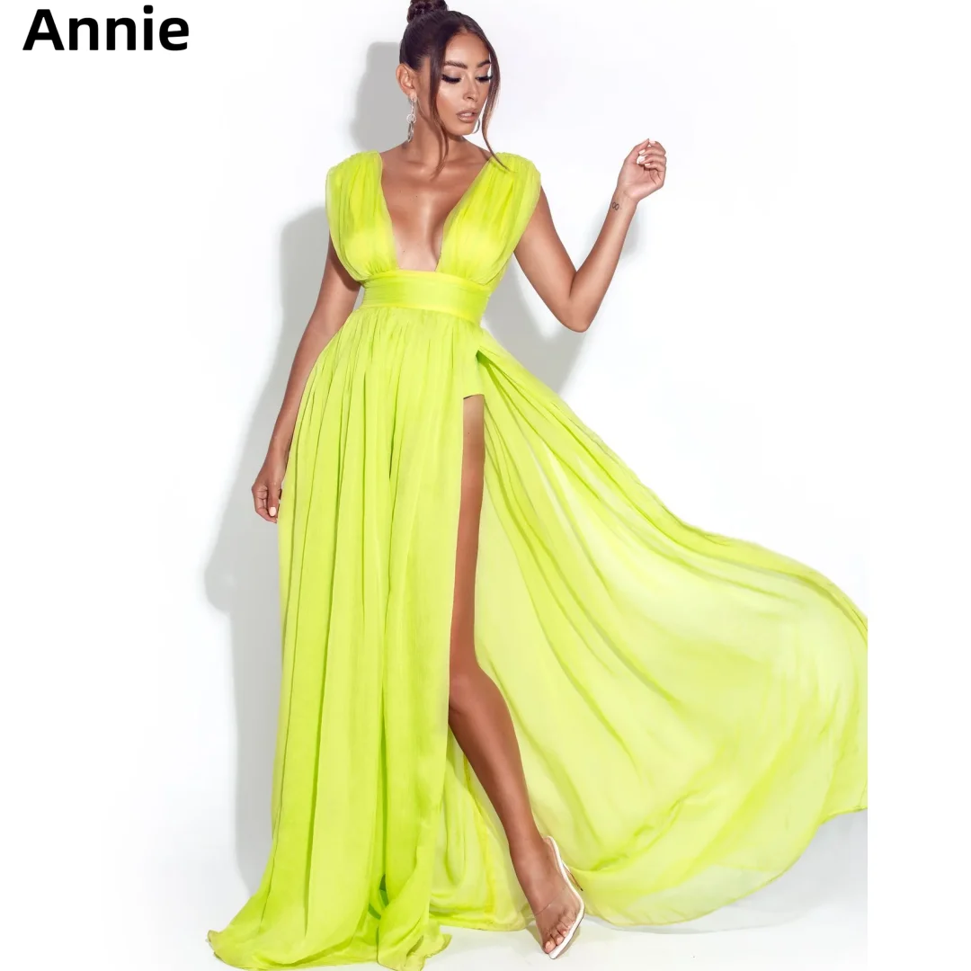 Annie Fluorescent Green Prom Dresses Sexy V-neck With Side Slits Evening Dresses Wedding Party Dress Vestidos De NocheCustomized