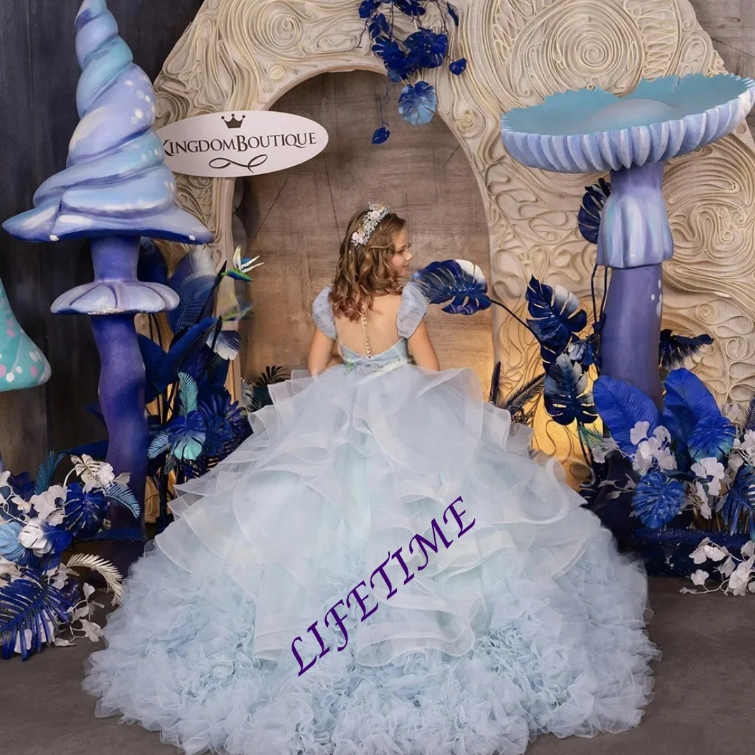 Robe à fleurs pour filles, personnalisée, bleu ciel, superposée, en Tulle, bouffante, pour mariage, fête d'anniversaire pour enfants, robes de bal de première Communion