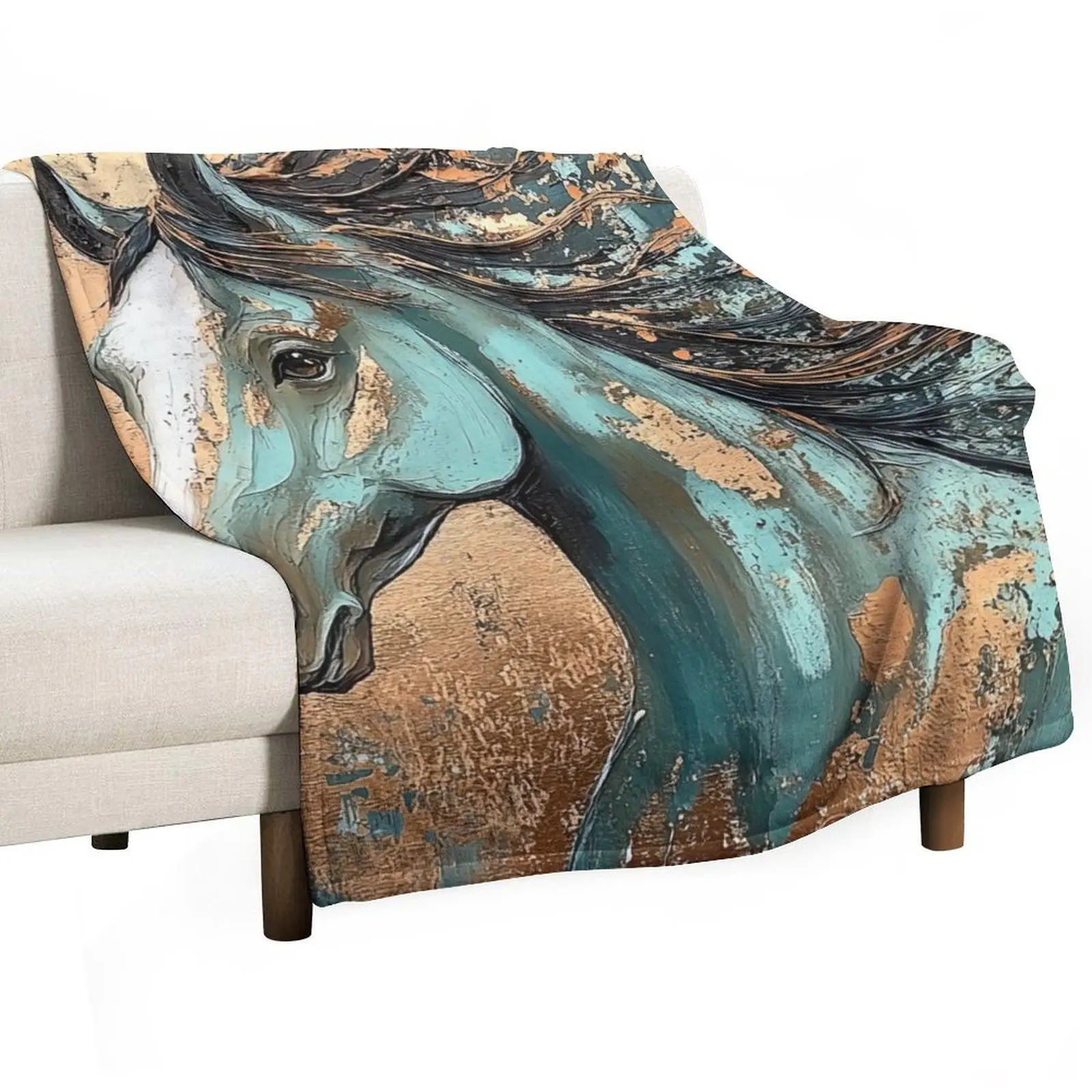 Teal and Copper Horse Throw Blanket Furrys for winter christmas gifts Flannels christmas decoration Warm Blankets