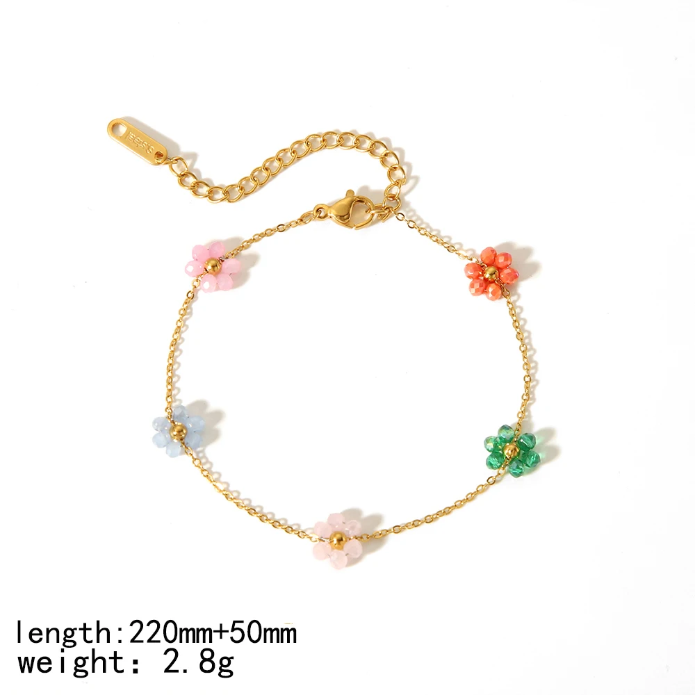 Modisches Edelstahl-Armband und Halskette Set mit Handgewebten Kristallen und Bunten Blumen, Wasserdichtes Charm-Schmuckset für Frauen – Detail 4