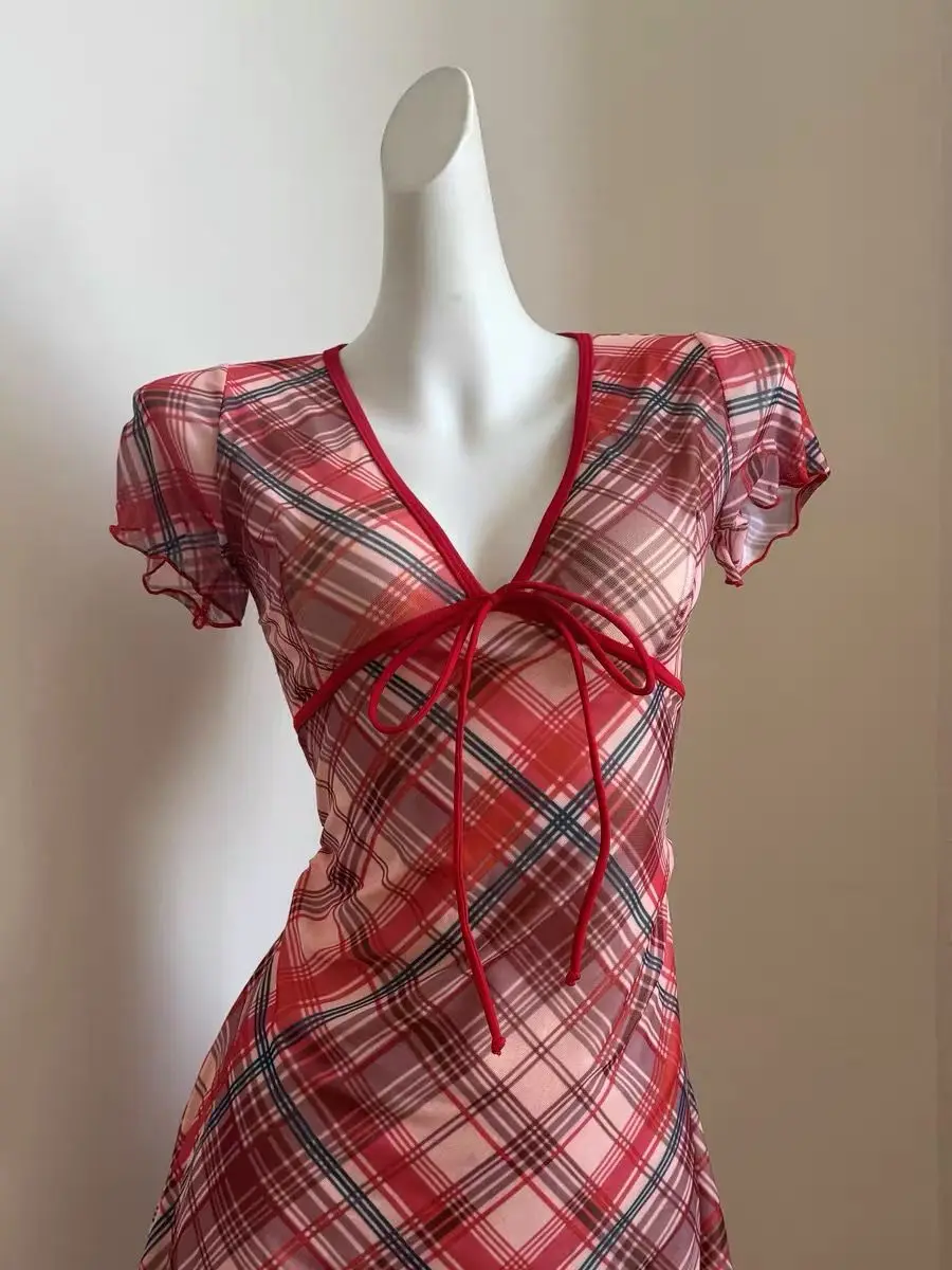 Harajuku a cuadros moda Vintage vestido trajes de baño vacaciones playa Chic Y2k traje de baño estético Sexy vacaciones Casual traje de baño de una pieza