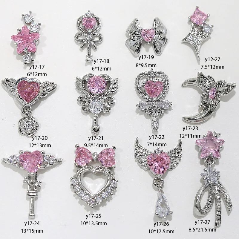 3PCS Luxury Shiny Pink Zircon Angel Love Starlights Ribbon Pendant Silver Alloy Nail Art Rhinestones Decorations Manicure Charms