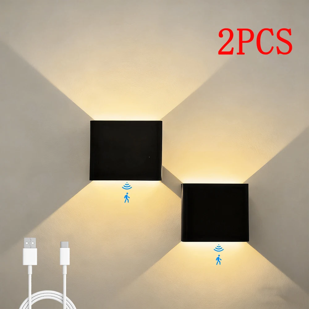 2x Bezprzewodowa Lampa Ścienna LED w Kształcie Kostki, Podświetlająca Góra i Dół, Ładowana przez USB, z Włącznikiem/Czujnikiem PIR, Magnetyczna Lampka Nocna, Kinkiet do Korytarza, Ganku