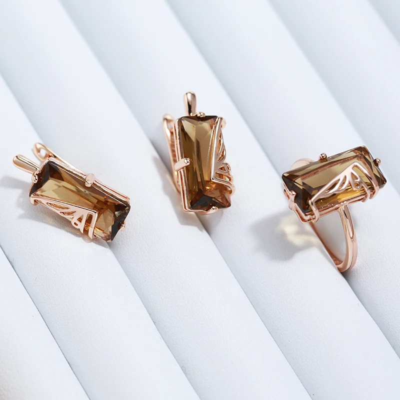 Kinel Fashion Light Brown Natural Zircon English Earrings for Women Simple Square 585 Rose Gold Color High Quality Daily Jewelry