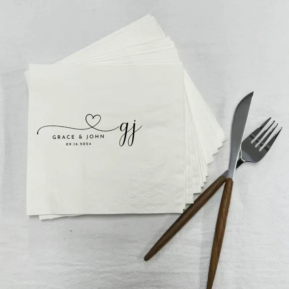 70 pcs Custom Wedding Cocktail Napkins,Heart Connected Names Napkins,Rehearsal Dinner Napkins,Minimalist Wedding Table Decor