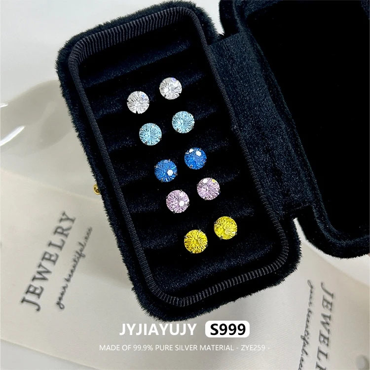 

JYJIAYUJY 100% Whole Original Pure Silver S999 Stud Earrings 6MM Multi Color Optional Fire Cut Zircon Jewelry Daily ZYE259