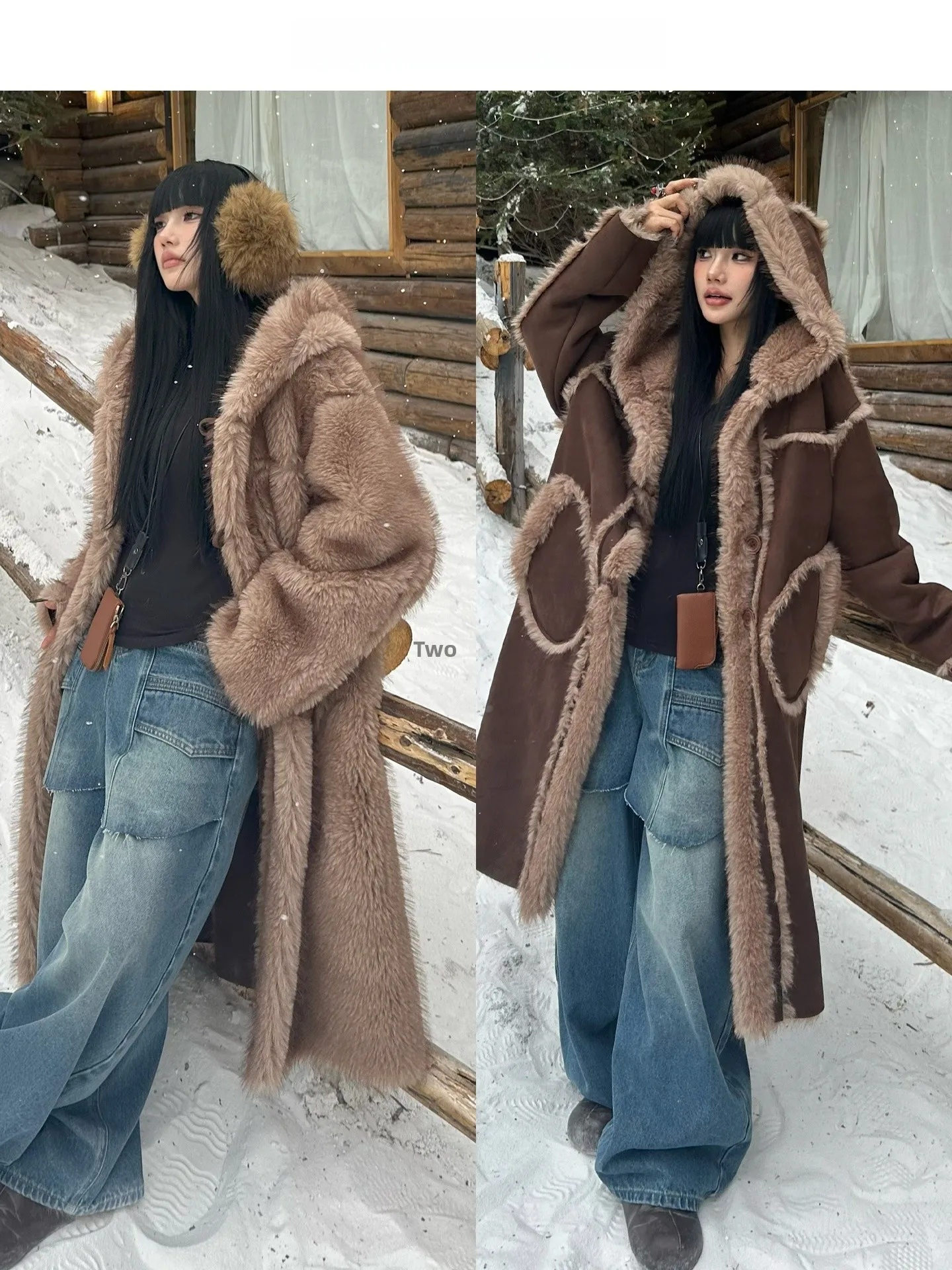 Manteau en daim à porter des deux côtés, manteau long à capuche en cuir et fourrure pour femme, manteau d'hiver chaud, marque chinoise, vêtements d'extérieur pour jeunes femmes