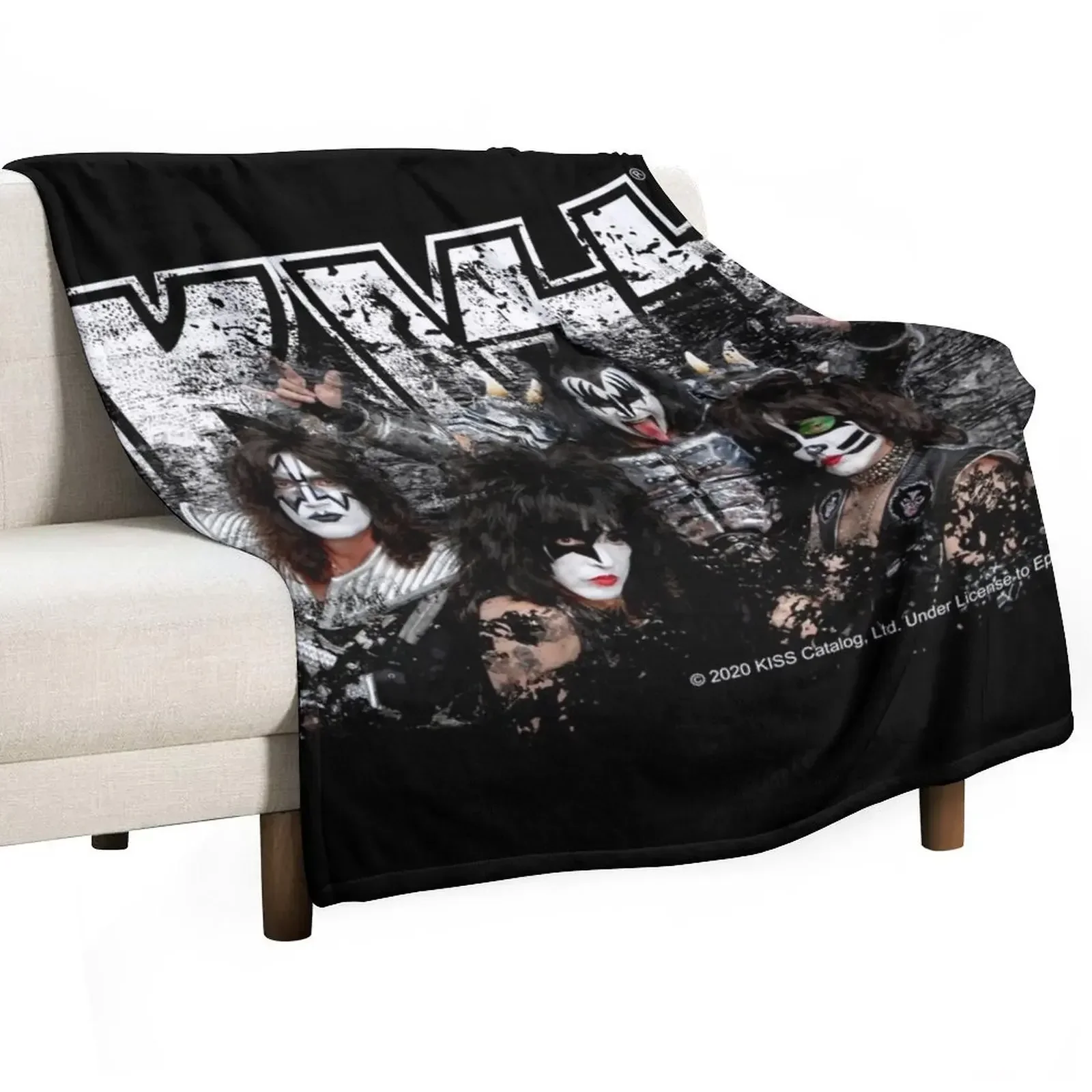 KISS rock music band - Black White Effect Logo and All Membersk music band Throw Blanket