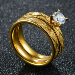 6mm Stainless Steel Couple Rings Never Fade Gold Color Crystal Wedding Ring for Women Men Lover Gift Femme Jewelry