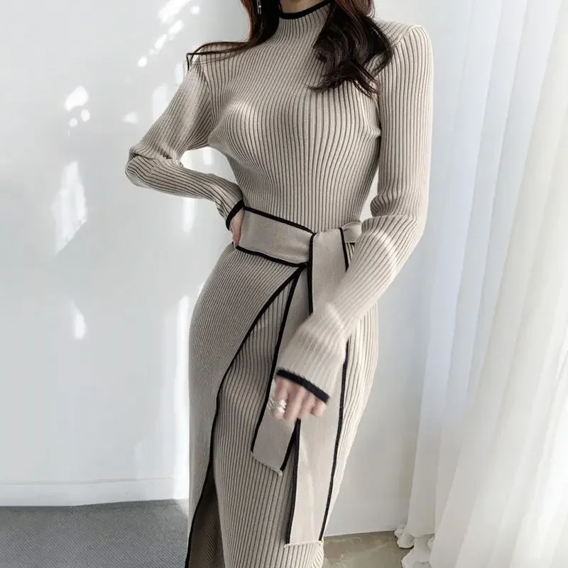 

Autumn New Women Knitted Dress Korean Fashion Half High Neck Long Sleeve Niche Design Lace-up Waist Slim Long Knitting Dresses