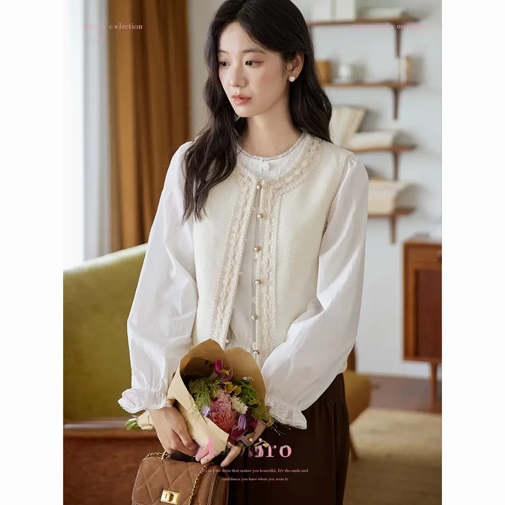 Faionable Beige rotondo Ne Ruffle con risvolto ort Sle Small Fraance Sle Vest Donna 2025 Autunno Nuovo Retro Top