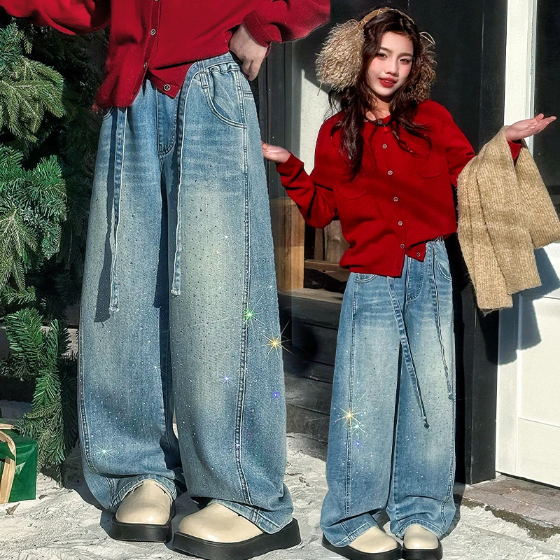 

Весна 4, 6, 8, 10, 12, 14, синие джинсы со стразами для девочек-подростков, модные широкие брюки для маленьких детей, детские повседневные брюки, одежда