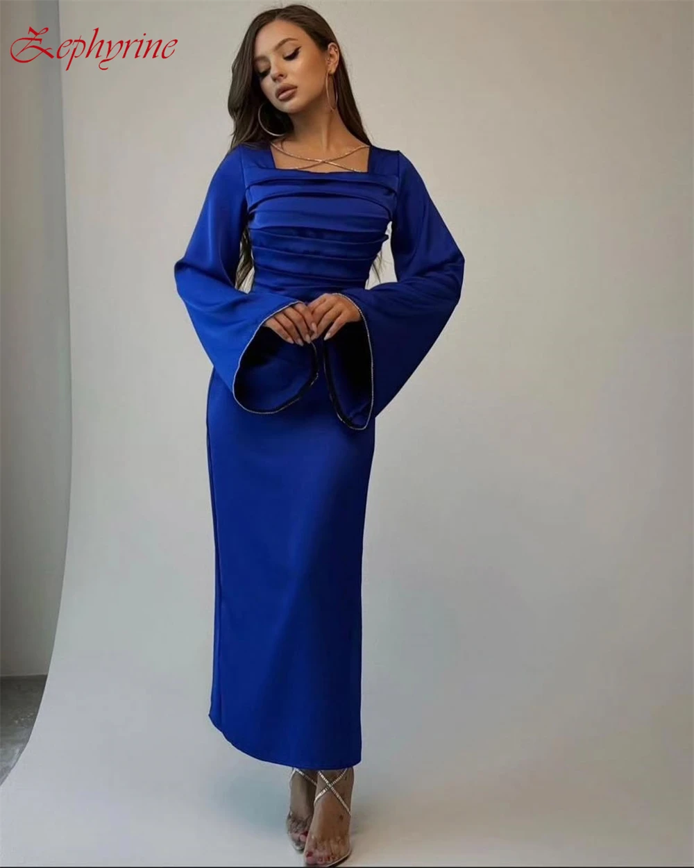 Customized Elegant Red Square Collar Off the Shoulder Eveing Dress High QualitySatin Long Sleeves A-line Prom Dresses For Women