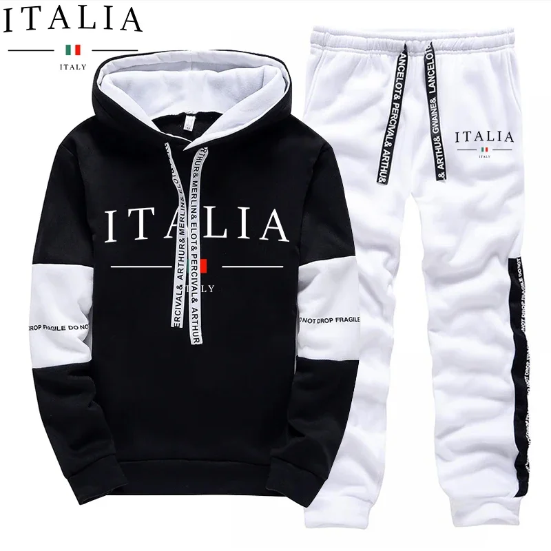 Autumn Winter Men's Tracksuit Casual Hooded Sweatshirts Outdoors Sports Jogging Clothing Classic Black White Single Hoodie Pants view 3