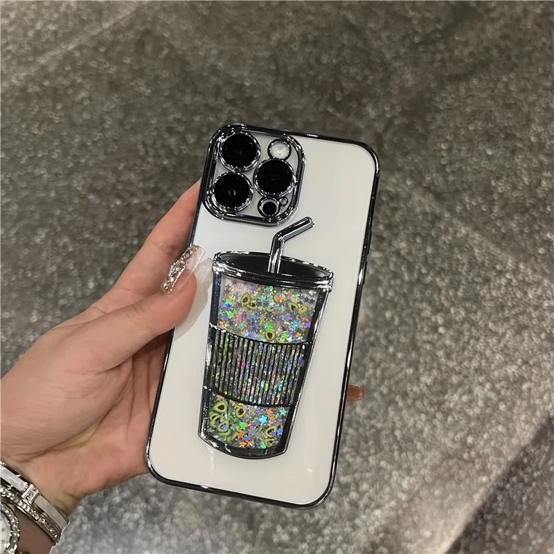 Glitter Liquid Quicksand Case Cup Cover for iPhone 13 14 15 Pro Max Shell Closed Camera Lens Protector Luxury Plating Soft Funda