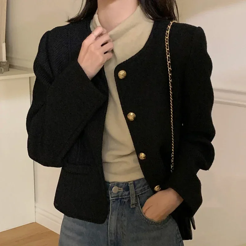 South korea Chic Autumn Temperament Graceful round Neck Metal Button Loose All-Match Long sleeve Tweed Outerwear Women